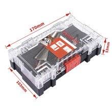 Sada nástrojov Patfield v priehľadnej plastovej krabičke s rozmermi 170 x 103 x 53 milimetrov.