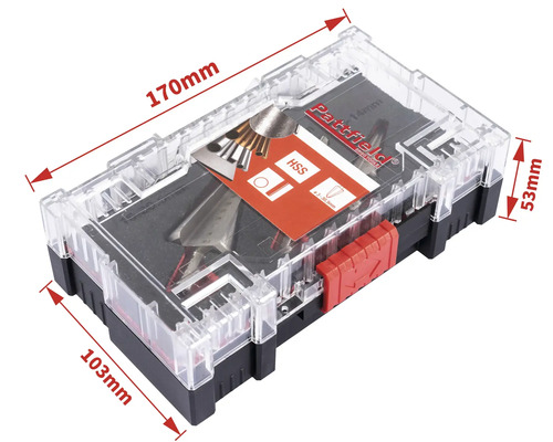 Sada nástrojov Patfield v priehľadnej plastovej krabičke s rozmermi 170 x 103 x 53 milimetrov.