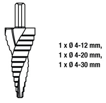 Sada stupňovitých vrtákov s priemermi 4-12 mm, 4-20 mm a 4-30 mm