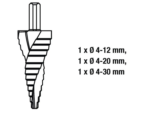 Sada stupňovitých vrtákov s priemermi 4-12 mm, 4-20 mm a 4-30 mm