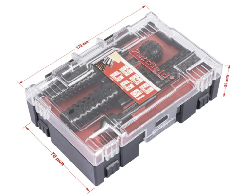 Sada nástrojov Pattfield v priehľadnej krabičke s údajmi o veľkosti