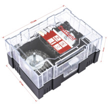 Sada drôtených kief Pattfield s rôznymi nadstavcami kefiek v priehľadnom obale s rozmermi