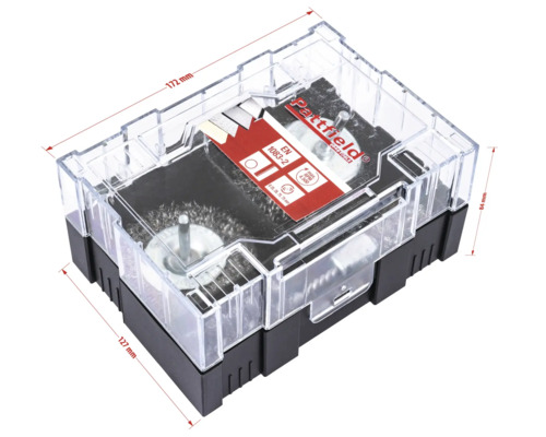 Sada drôtených kief Pattfield s rôznymi nadstavcami kefiek v priehľadnom obale s rozmermi