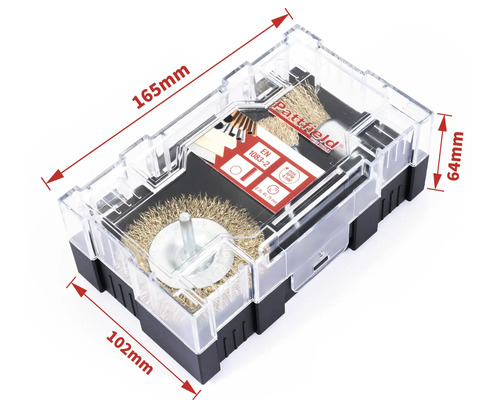 Sada drôtených kief Pattfield v priehľadnom plastovom kufríku s rozmermi.