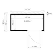 Pôdorys s rozmermi 234 centimetrov šírky, 121 centimetrov výšky a plochou 2,55 metrov štvorcových.
