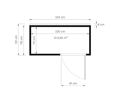 Pôdorys s rozmermi 234 centimetrov šírky, 121 centimetrov výšky a plochou 2,55 metrov štvorcových.