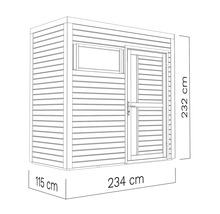 Nákres záhradného domčeka s rozmermi 115 cm x 234 cm x 232 cm