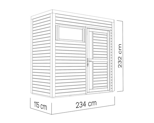 Nákres záhradného domčeka s rozmermi 115 cm x 234 cm x 232 cm