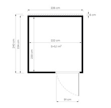 Technický nákres záhradného domčeka s rozmermi 240 x 226 centimetrov a pôdorysom 5,1 metra štvorcového.