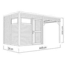 Ilustrácia záhradného domčeka s prístreškom a rozmermi: šírka 234 cm, dĺžka 449 cm a výška 232 cm.