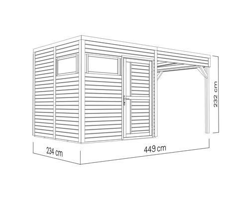 Ilustrácia záhradného domčeka s prístreškom a rozmermi: šírka 234 cm, dĺžka 449 cm a výška 232 cm.