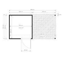 Pôdorys záhradného domčeka s rozmermi 449 x 446 centimetrov a plochou 15,3 metrov štvorcových