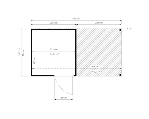 Pôdorys záhradného domčeka s rozmermi 449 x 446 centimetrov a plochou 15,3 metrov štvorcových