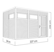 Pohľad zhora na záhradný domček s rozmermi 234 cm, 337 cm a 232 cm