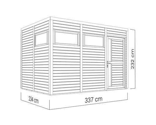 Pohľad zhora na záhradný domček s rozmermi 234 cm, 337 cm a 232 cm