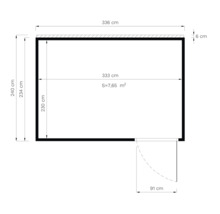Pôdorys s rozmermi: výška 240 centimetrov, šírka 336 centimetrov, plocha 7,65 metra štvorcového
