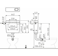 Technický nákres splachovacej nádržky s rozmermi