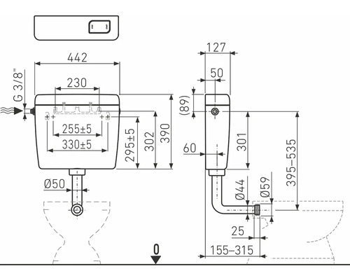 Technický nákres splachovacej nádržky s rozmermi