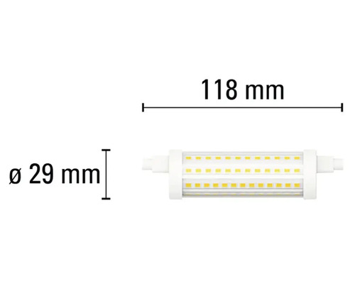 Obrázok LED žiarovky s rozmermi 118 mm na dĺžku a 29 mm v priemere.