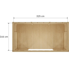 Pohľad zhora na drevený dom s rozmermi 325 x 166 centimetrov.