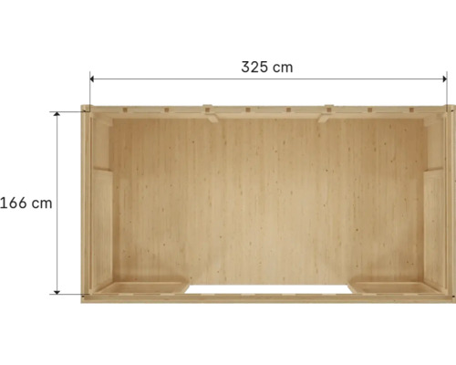 Pohľad zhora na drevený dom s rozmermi 325 x 166 centimetrov.