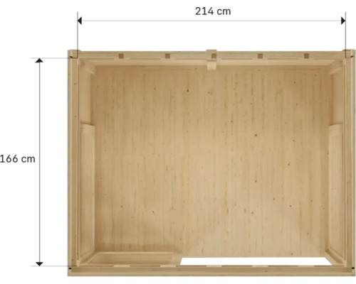Vnútorný pohľad na drevený záhradný domček s rozmermi 214 x 166 centimetrov.