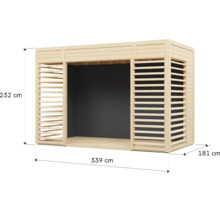 Drevený pavilón s rozmermi 232 cm výška, 339 cm šírka a 181 cm hĺbka.