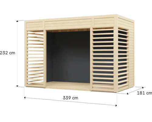 Drevený pavilón s rozmermi 232 cm výška, 339 cm šírka a 181 cm hĺbka.