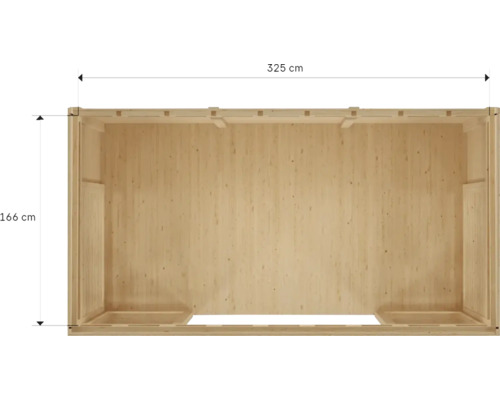 Vnútorný pohľad na drevený dom s rozmermi 325 x 166 cm