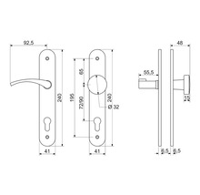Technický nákres kľučky dverí s dlhým štítkom a rozmermi