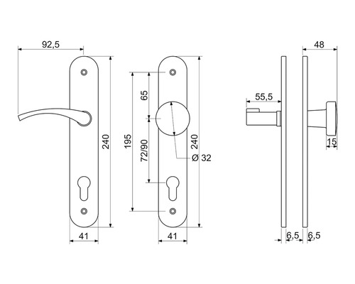 Technický nákres kľučky dverí s dlhým štítkom a rozmermi.
