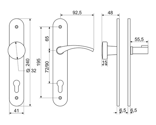 Technický nákres kľučky na dvere s rozmermi
