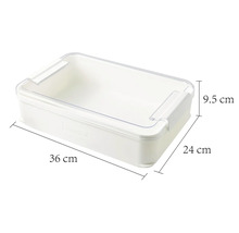 Úložný box z plastu s rozmermi 36 cm dĺžka, 24 cm šírka a 9,5 cm výška.