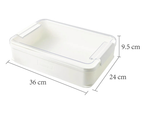 Úložný box z plastu s rozmermi 36 cm dĺžka, 24 cm šírka a 9,5 cm výška.