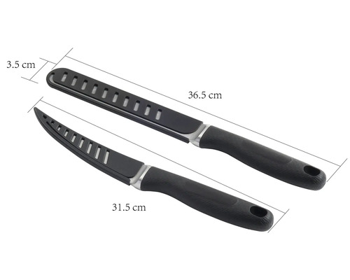Dva filetovacie nože s čiernou rukoväťou a čepeľou s výrezmi, dĺžky 36,5 cm a 31,5 cm