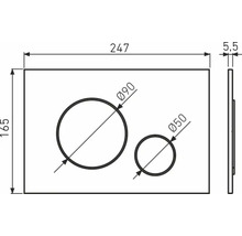 Technický nákres dosky s dvoma otvormi, priemer 90 mm a 50 mm, rozmery 247 mm x 165 mm