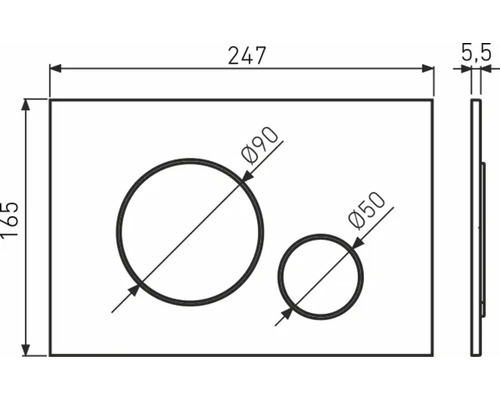 Technický nákres dosky s dvoma otvormi, priemer 90 mm a 50 mm, rozmery 247 mm x 165 mm