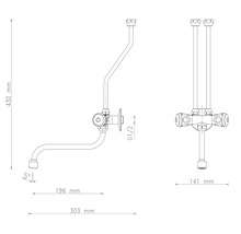 Technický nákres sanitárnej inštalácie s rozmermi.