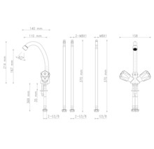 Technický nákres vodovodnej batérie s rozmermi