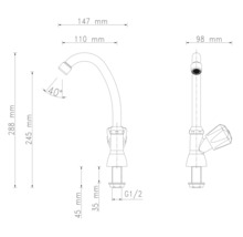 Technický nákres kuchynskej batérie s rozmermi