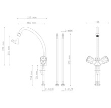 Technický výkres kuchynskej batérie s rozmermi