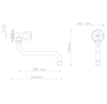 Technický nákres nástennej výtokovej armatúry s rozmermi