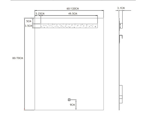 Technický výkres zrkadla s rozmermi