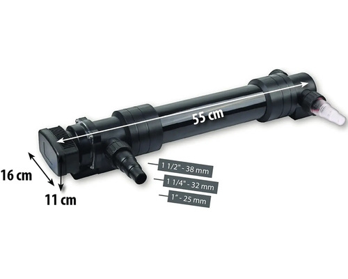 UV-C čistič vody s rozmermi 55 cm dĺžka, 16 cm výška a 11 cm hĺbka