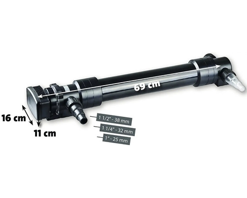 Obrázok UVC čističky vody s rozmermi 69 cm dĺžka, 16 cm výška a 11 cm hĺbka.
