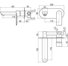 Technický nákres vodovodnej batérie s rozmermi