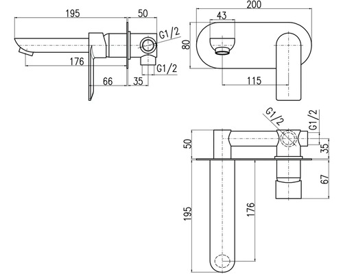 Technický nákres vodovodnej batérie s rozmermi