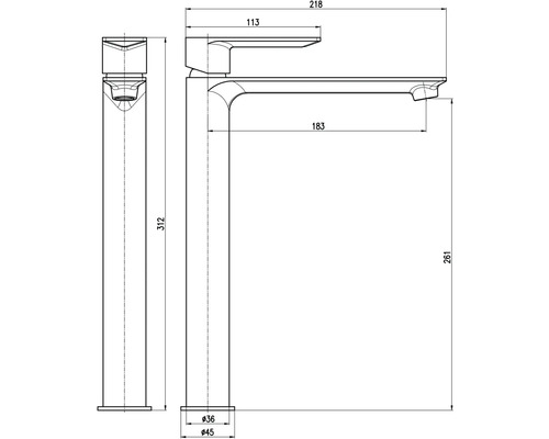 Technický nákres umývadlovej batérie s rozmermi