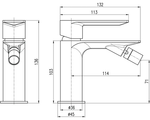 Technický nákres bidetovej batérie s rozmermi
