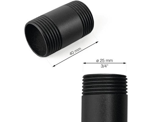 Čierna závitová vsuvka, dĺžka 40 mm a priemer 25 mm